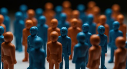 figurines, crowd, blue and brown colors, shallow depth of field, selective focus, contrasting colors, symbolic representation, social commentary, anonymity, uniformity, diversity, group dynamics, blur