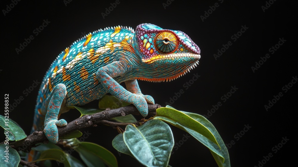Poster a close-up portrait of a vibrant chameleon perched on a tree branch. the chameleon displays a variet