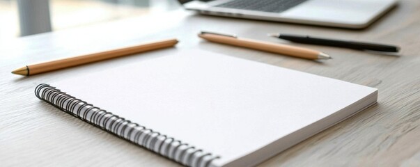 A minimalist workspace featuring a blank notebook, pens, and a laptop, ideal for creativity and productivity.