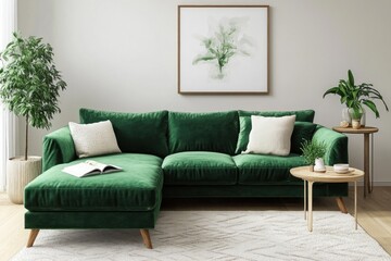 Emerald green velvet sectional sofa in modern living room.