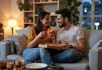 A happy couple enjoys pizza on a cozy sofa in the warm lighting of the house