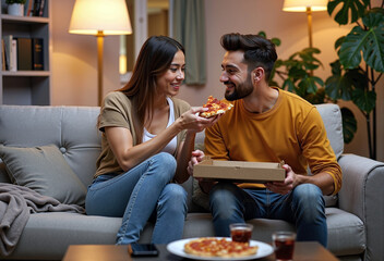 A happy couple enjoys pizza on a cozy sofa in the warm lighting of the house