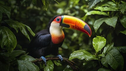 Fototapeta premium a toucan bird with its vibrant and colorful beak perched amidst lush green foliage