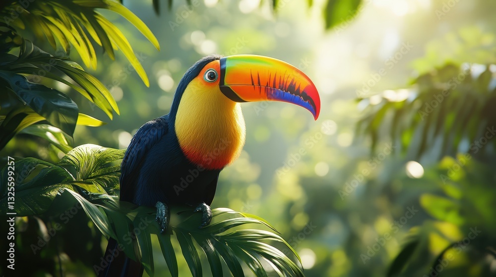 Poster a vibrant toucan perched on a branch with lush green foliage surrounding it. its colorful beak and s