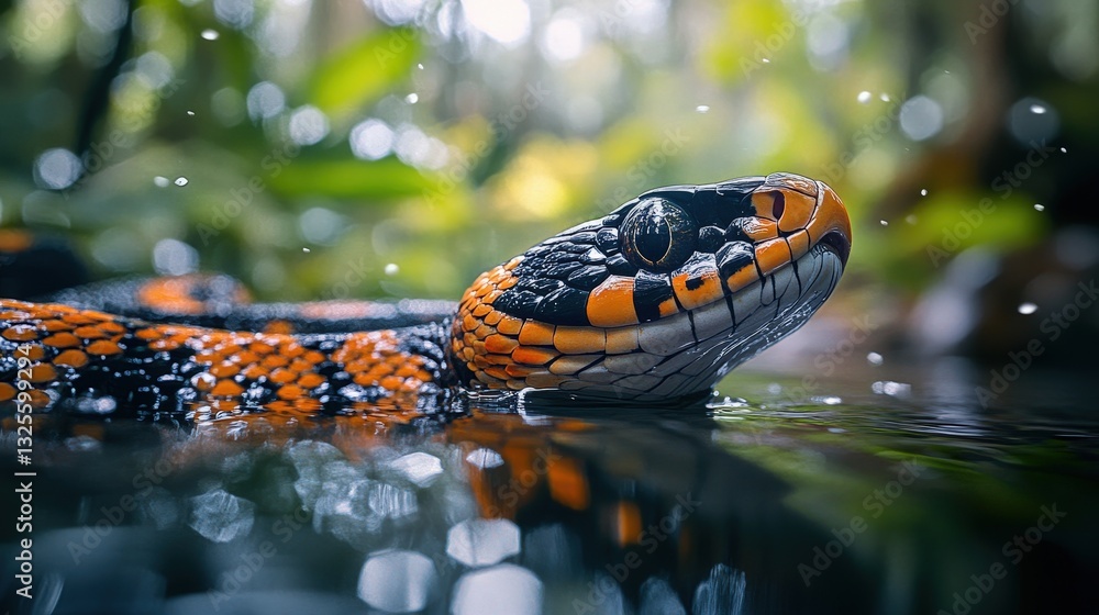 Poster a close-up of a striking snake in water, its patterns vividly displayed against a blurred natural ba