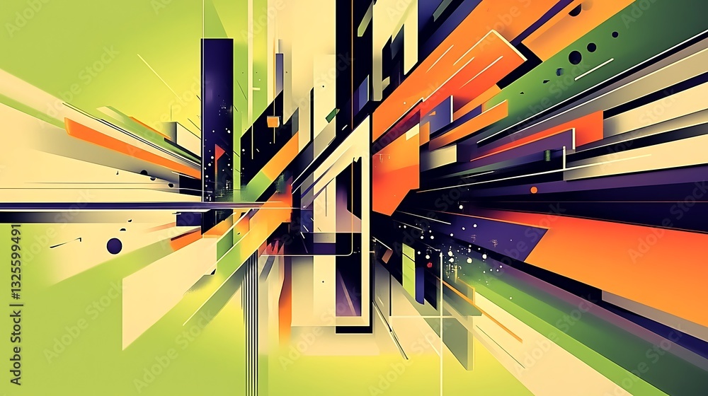 Poster dynamic abstract composition with bright colors and geometric shapes on a vibrant background