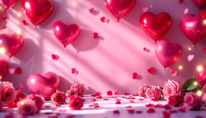 Obraz premium Romantic Valentine's Day Background with Heart Balloons and Roses
