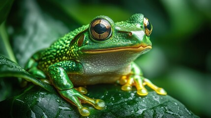 Fototapeta premium a green tree frog resting on a vibrant green leaf, with a close-up view revealing its striking features. The frog has captivating eyes and a unique textured skin, showcasing the beauty of nature.