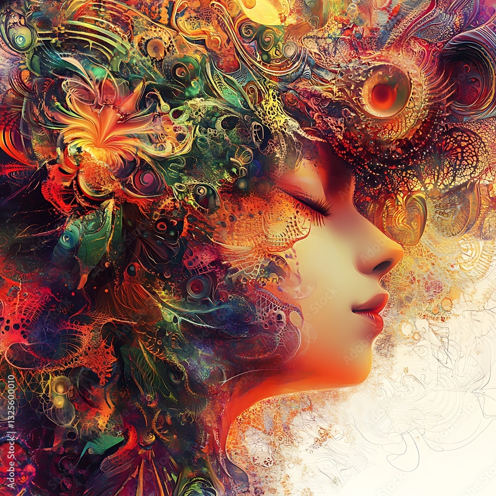 Poster colorful abstract portrait with intricate patterns and vivid swirls capturing emotions of nature and