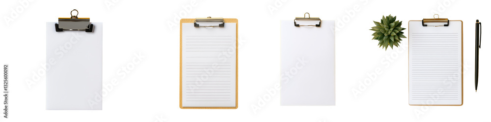 Poster blank clipboard and documents on wooden office desk with minimal style organized workspace with empt
