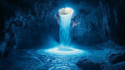 A luminescent waterfall where the water flows upward into a swirling vortex of light