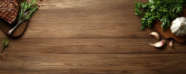 A rustic wooden table displays fresh herbs, garlic, and a delicious grilled steak, creating an inviting culinary atmosphere.