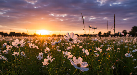 Beautiful Sunset Over a Field of White Cosmos Flowers