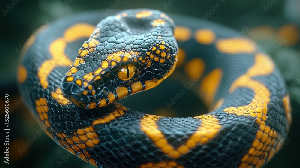 Poster a close-up portrait of a striking snake with a distinctive pattern of black and yellow markings. the