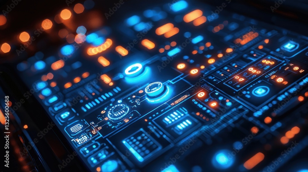 Aufkleber futuristic digital interface with glowing buttons and displays.