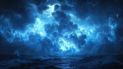 Fototapeta premium Electrifying blue storm clouds over a dark ocean.