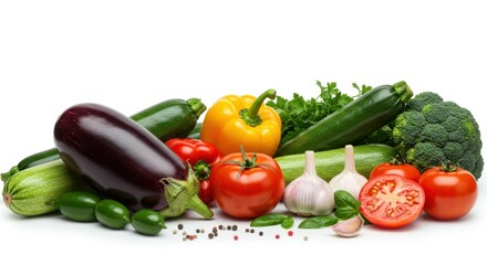 fresh vegetables, colorful produce, healthy food, assorted veggies, bell peppers, tomatoes, eggplant, broccoli, lettuce, cucumber, garlic, still life, vibrant colors, organic produce, farm-fresh ingre