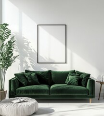 Emerald green velvet sofa in minimalist living room.