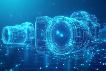 Obraz premium Futuristic Digital Wireframe Cameras – Tech Concept on Blue Background