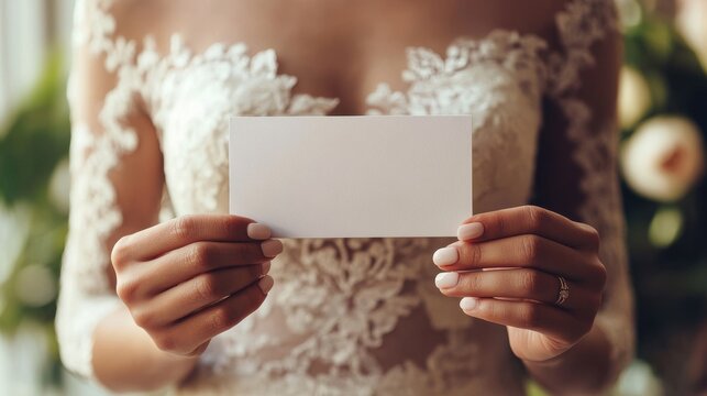 Bride in lace dress holds blank card. Perfect for wedding invitations, announcements, or save-the-dates.