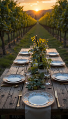 A rustic wooden table in a vineyard at dusk, covered with antique ceramic plates, brass cutlery, and fresh grapevine decorations, with the golden sunset casting a soft glow.
