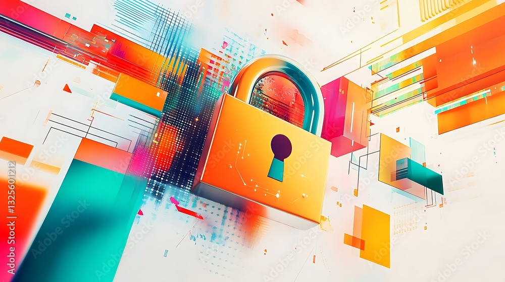 Poster digital security concept featuring colorful padlock with abstract technology elements and vibrant ba