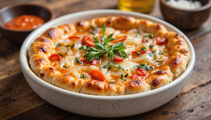 Delicious baked pasta with herbs and tomato in rustic bowl