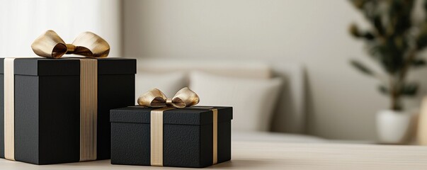 Elegant black gift boxes adorned with gold ribbons, placed on a minimalist surface, evoke a sense of luxury and celebration.