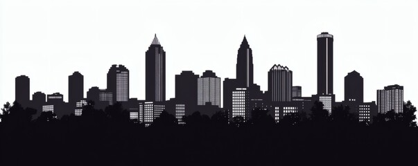 A monochromatic graphic rendering of a city skyline and trees