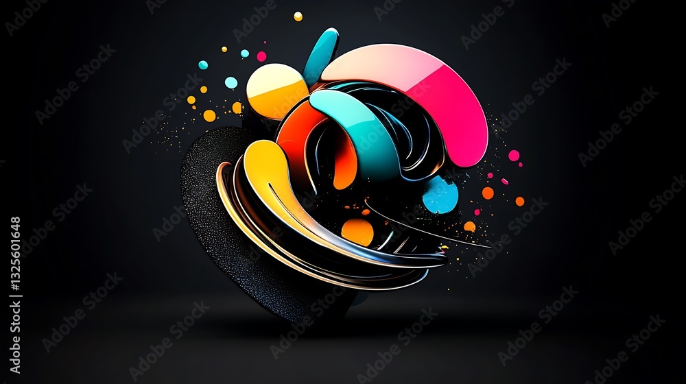 Poster abstract colorful shapes on black background with dynamic curves and floating spheres for creative d