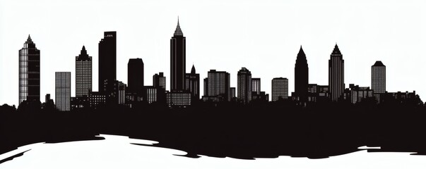 An artistic black and white representation of a city skyline silhouette