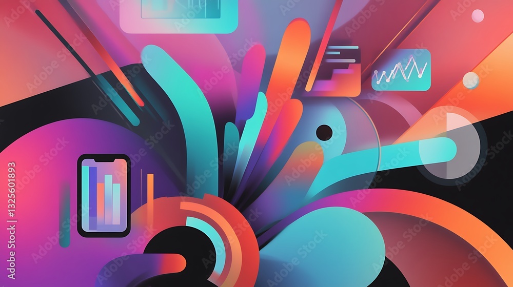Poster abstract colorful digital composition with shapes, charts, and mobile devices illustrating data visu