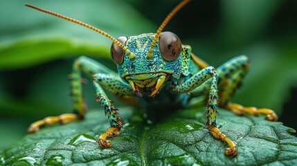 Fototapeta premium Vibrant green insect macro on leaf.