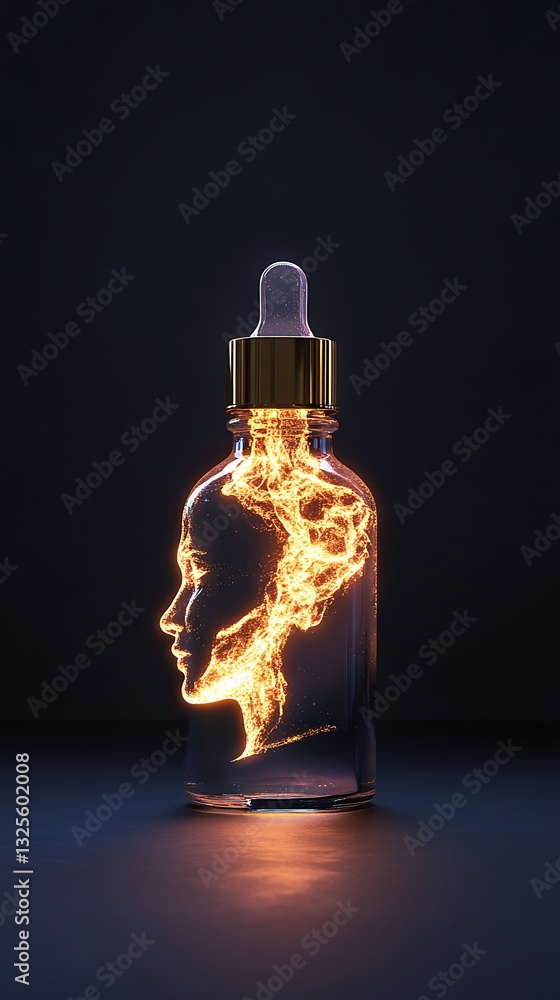 Poster ethereal glass bottle with illuminated profile of a face inside creating a unique visual effect