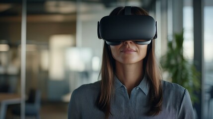 Young caucasian female experiencing virtual reality with vr headset in modern office