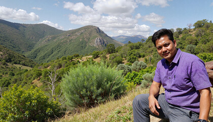 Naklejka premium Man enjoying nature in serene mountainous landscape