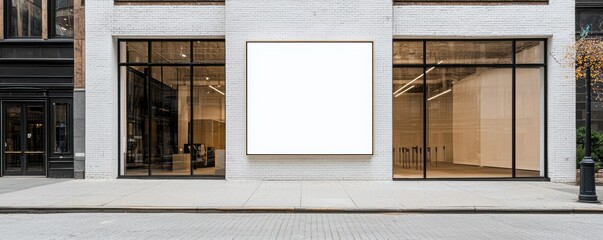 Fototapeta premium A modern storefront featuring large glass windows and a blank white sign, set against a minimalist architectural background.