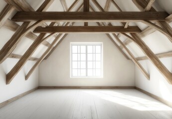 Obraz premium Empty attic room with exposed wooden beams and a large window.