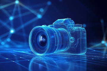 Futuristic Digital Wireframe Cameras – Tech Concept on Blue Background