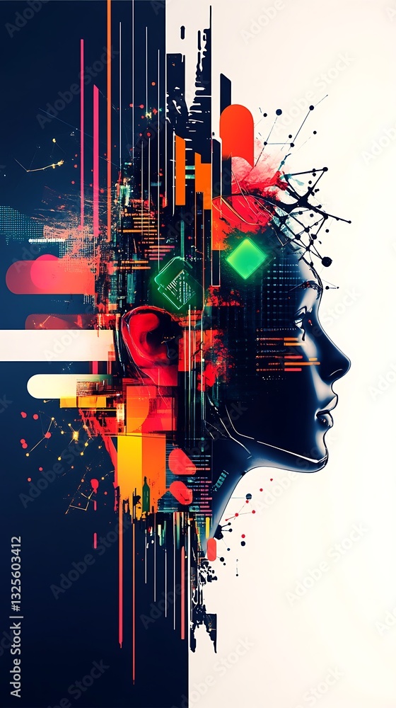 Poster abstract representation of human profile merging with digital elements and colorful geometric shapes