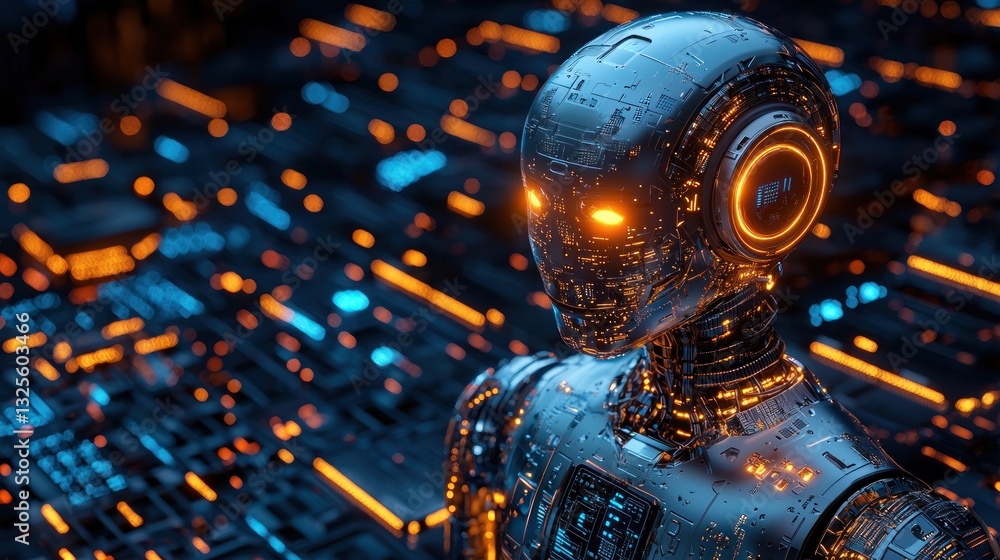 Poster futuristic robot with glowing eyes on a technological background.