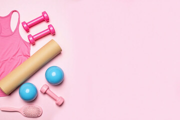 Flat lay of fitness related items light pink background yoga mat