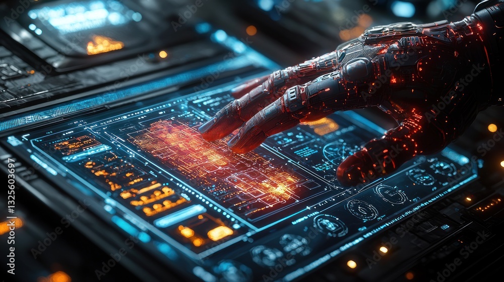 Poster robotic hand interacting with futuristic digital interface.