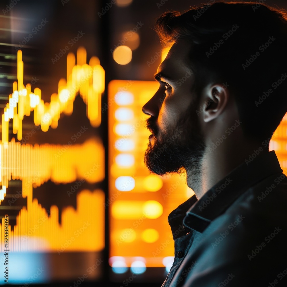 Poster focused trader analyzing market data at night