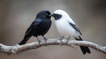 Fototapeta premium two birds of contrasting colors perched on a branch, seemingly in a moment of connection or affection