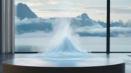 Holographic projection of glowing mountain in modern room with scenic mountain view