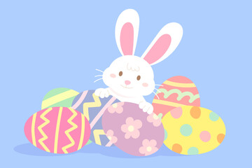 Cute white bunny with coloful Easter eggs on blue backgournd. White adorable rabbit character cartoon for Easter eggs hunt, Easter holiday celebration. Illustration for banner, greeting card.