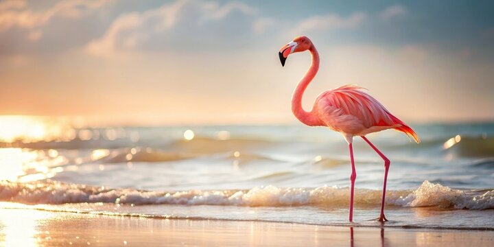 A pink flamingo stands alone on a sunny beach