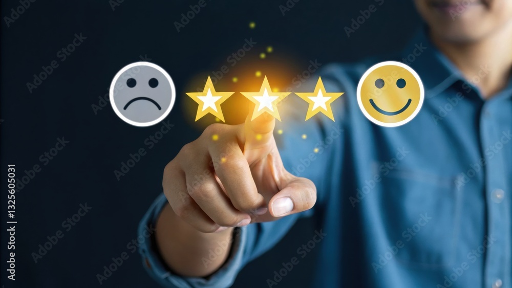 Poster customer feedback: a person interacts with a digital interface representing customer satisfaction le