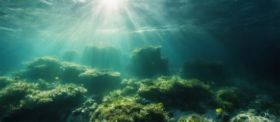 Serene underwater scene of a coral reef with sunlight illuminating marine life in vibrant blue hues.